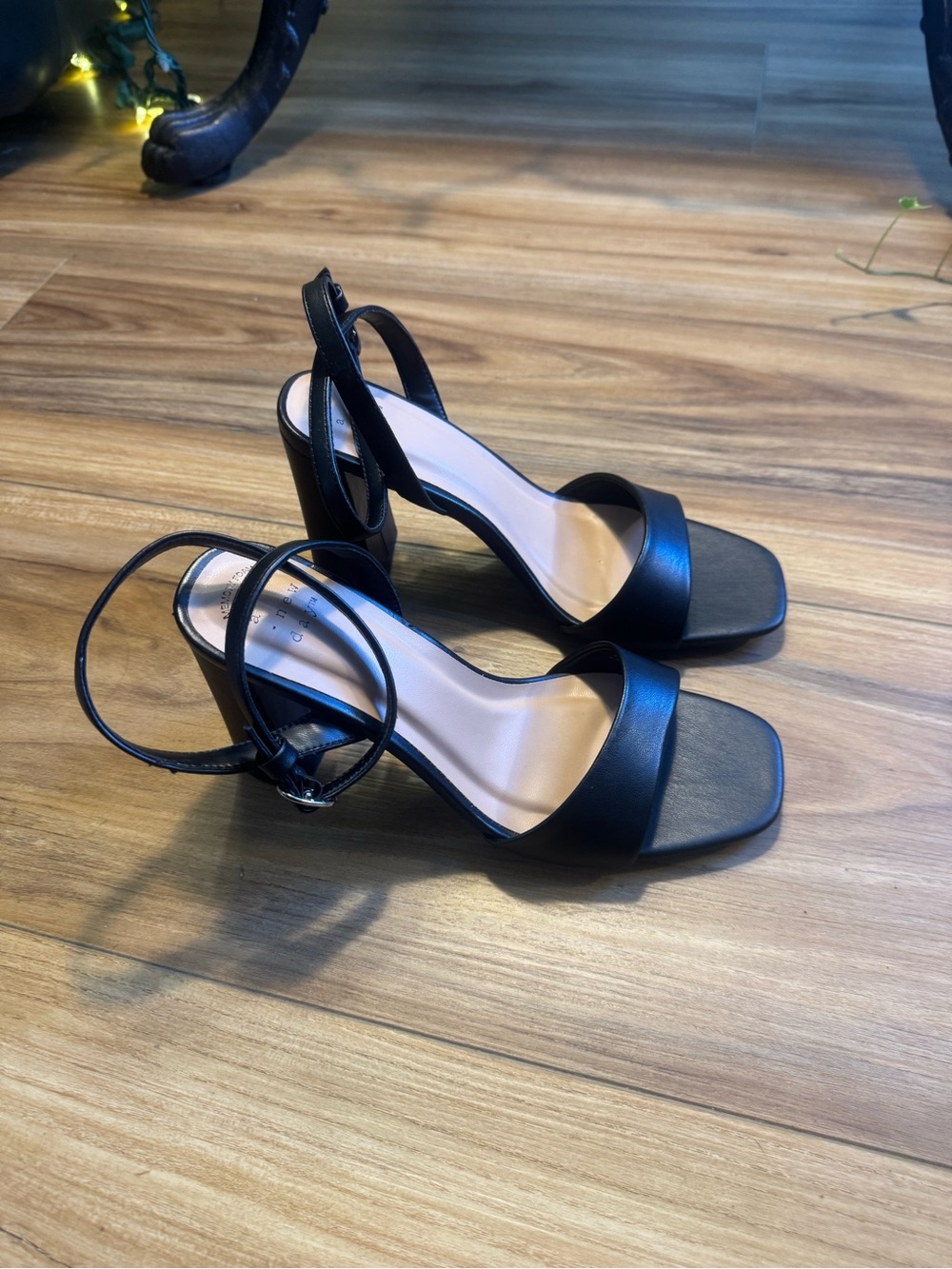 a new day Black Square-Toe Block Heel Sandals Ankle Strap